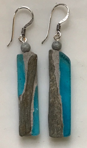 Natural stone, stained glass and feldspar with silver wires. 1.5" x 1/4" $25